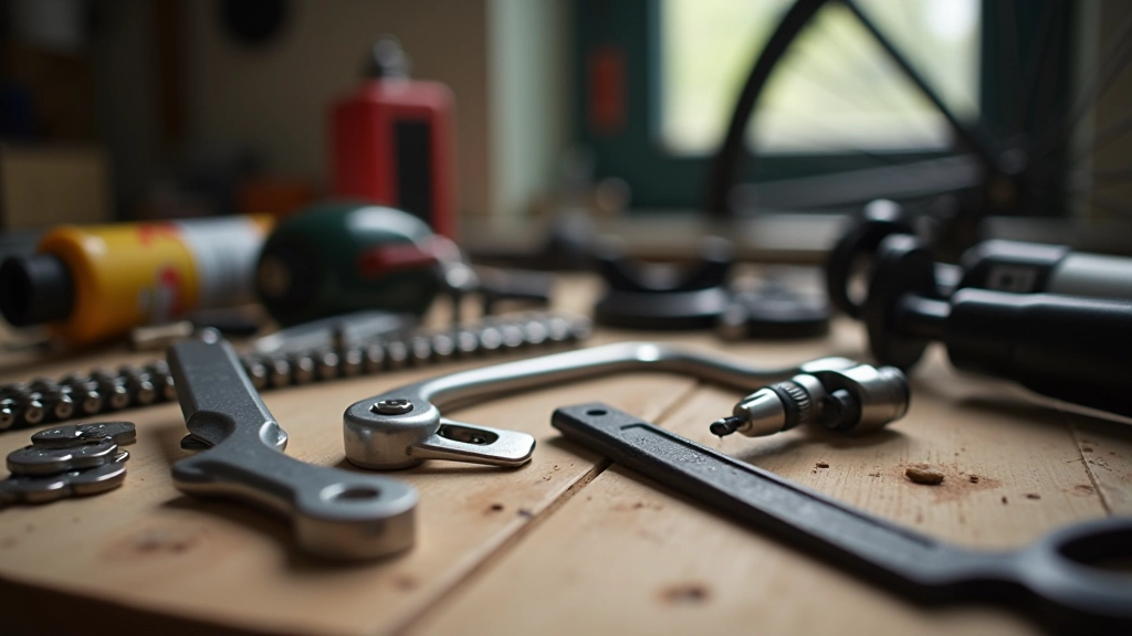 Close-up of bicycle gears and chain with maintenance tools on a workbench