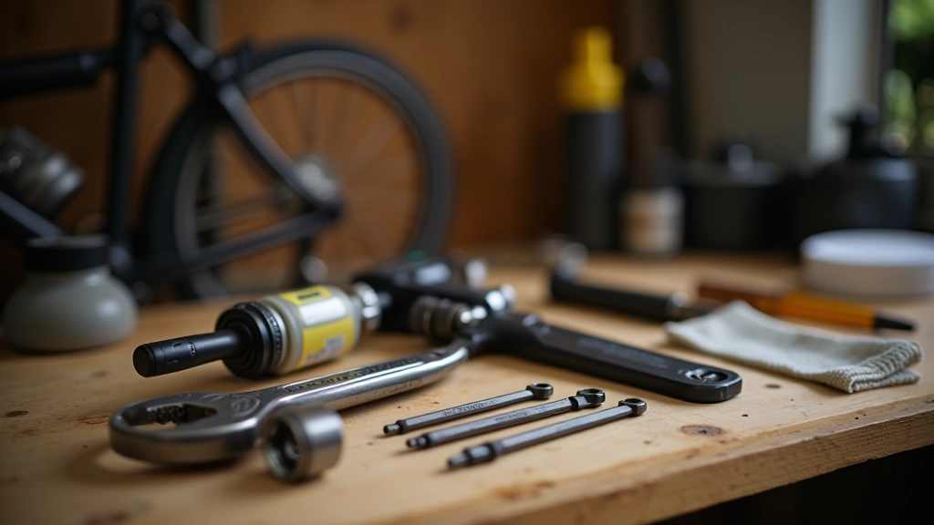 Organized collection of bicycle maintenance tools including pump, wrench set, and lubricant bottles