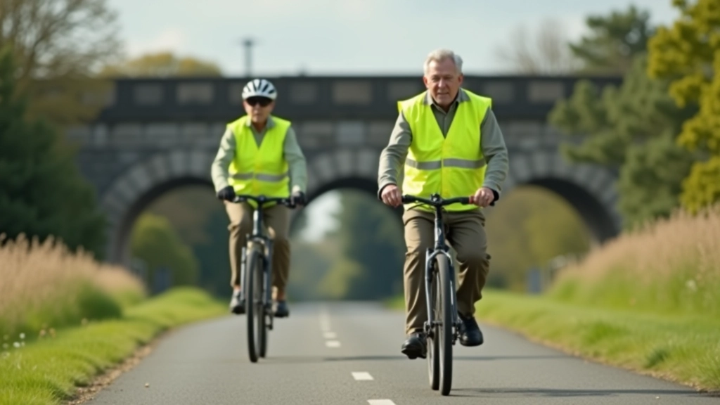 Cyclist in bright safety vest riding past a stone railway bridge on the greenway trail