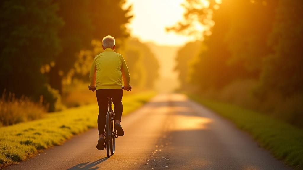 Cyclist in colorful jacket riding on paved trail at golden hour, long shadows on path, trees on both sides, late afternoon light