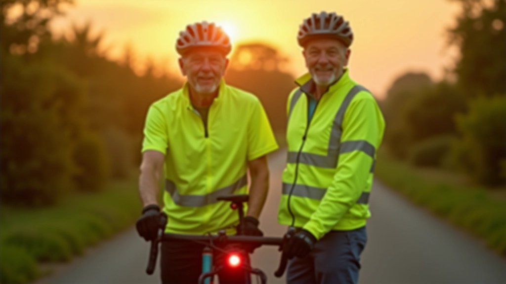 Cyclist wearing bright yellow safety vest and helmet, with lights attached to bicycle frame, preparing for evening ride on the greenway