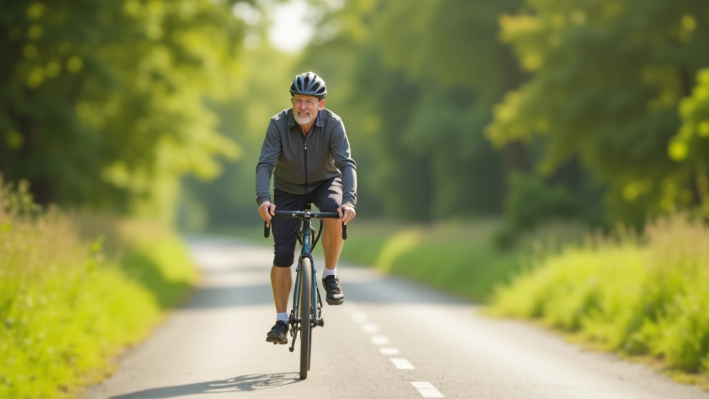 Older cyclist pedaling at a comfortable moderate pace on a flat paved trail, showing proper cycling posture and body position