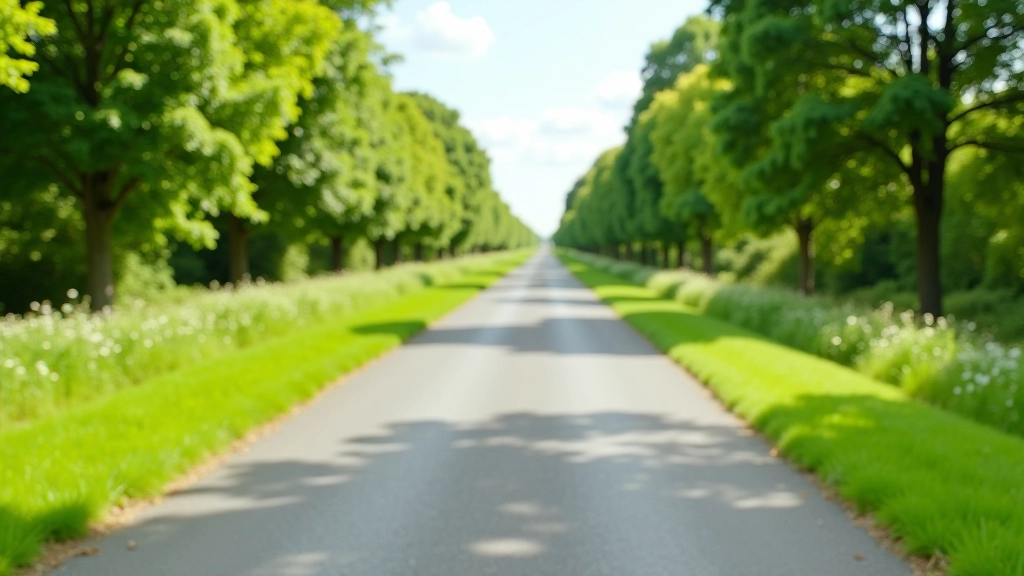 Wide paved cycling trail stretching into distance with grass verges and trees on both sides, sunny day with clear sky