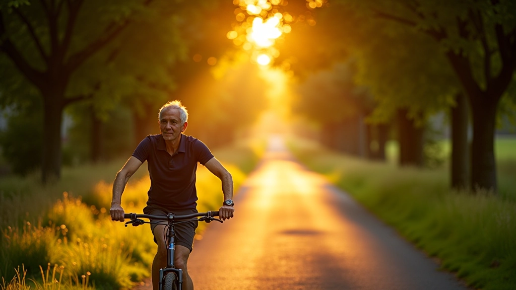 Golden hour sunlight streaming through mature trees lining the heritage greenway cycling path
