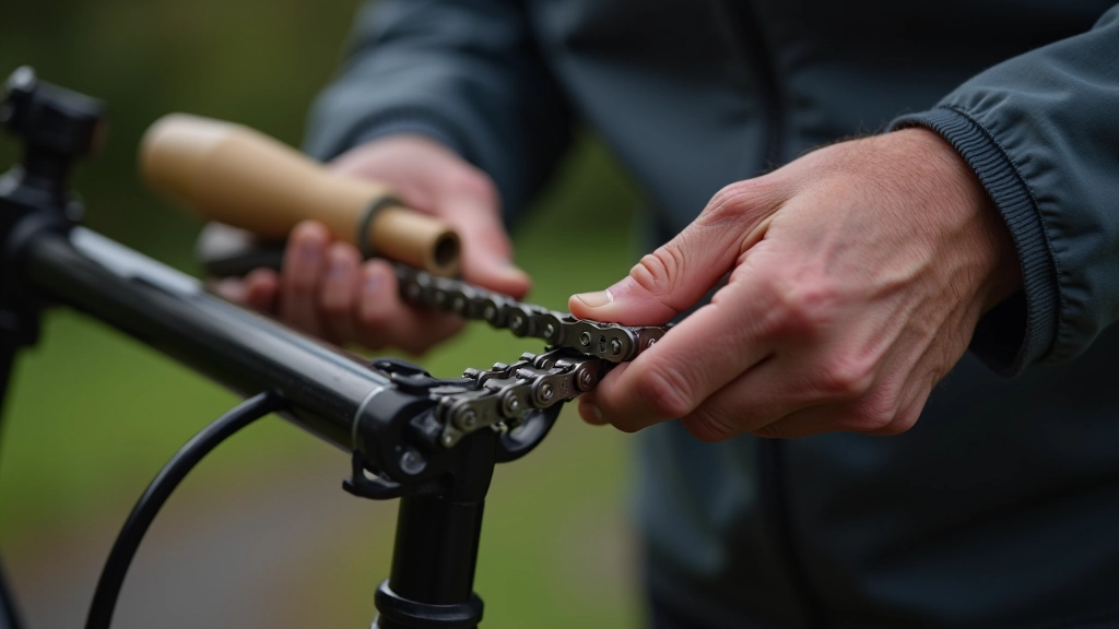 Mechanic hands cleaning bicycle chain with brush and degreaser at a work stand