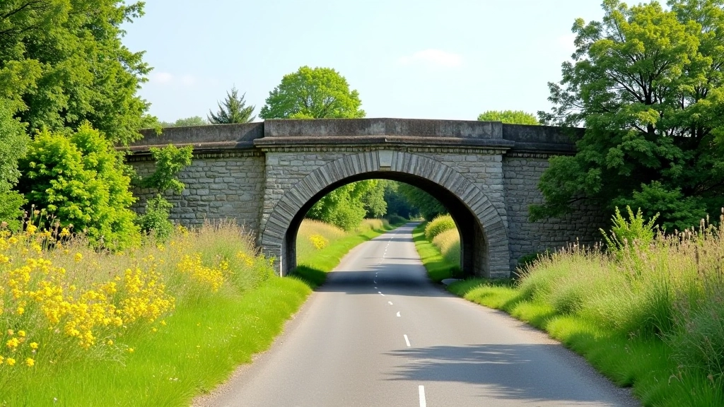 Stone railway bridge spanning across the heritage greenway with native wildflowers blooming nearby