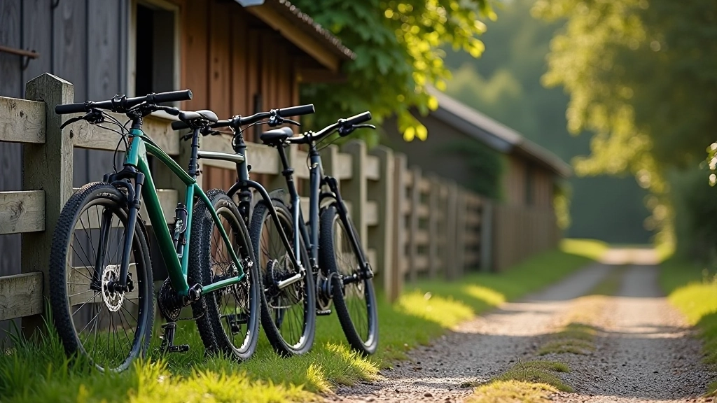 Selection of bicycles leaning against a wooden fence, hybrid bikes and mountain bikes, outdoor shed setting with trees in background