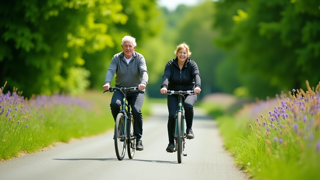 Older couple riding bicycles on a flat paved trail lined with trees and wildflowers