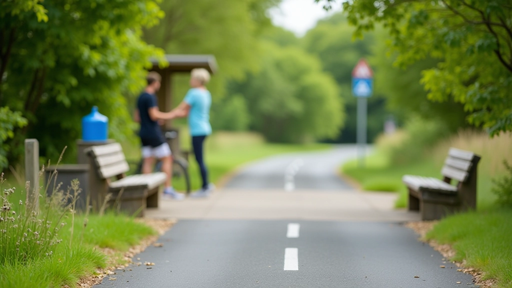 Peaceful rest area on the greenway with wooden benches, clear water facilities, and scenic views of the cycling path