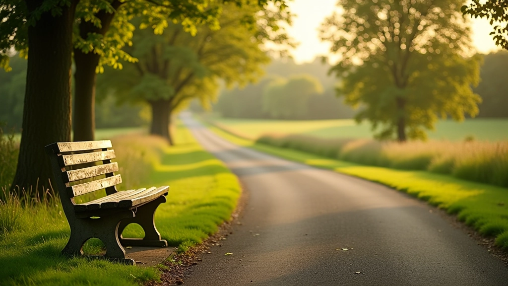 Curved section of the greenway trail with bench seating and peaceful natural surroundings
